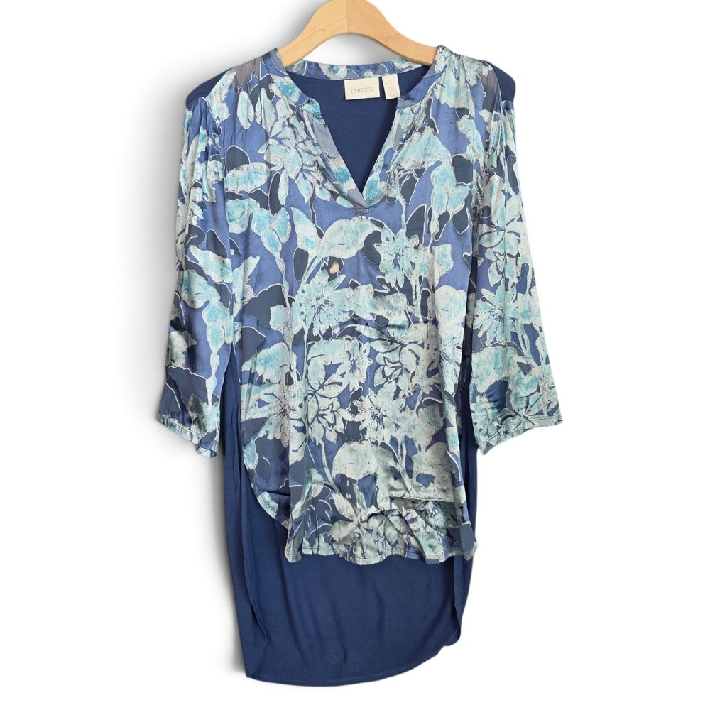 Chicos Blouse Womens Size 1 M 8/10 Blue Floral Split Neck High Low Tunic Top